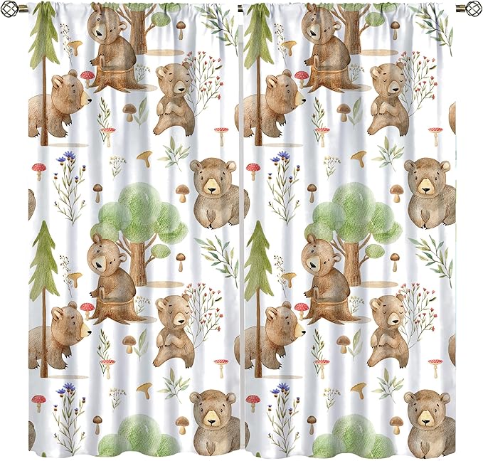 Forest Animal Curtains,Kids Home Bedroom Window Treatments, Cartoon Watercolor Bear Squirrel Woodland Animal Drapes 42x54 Inch
