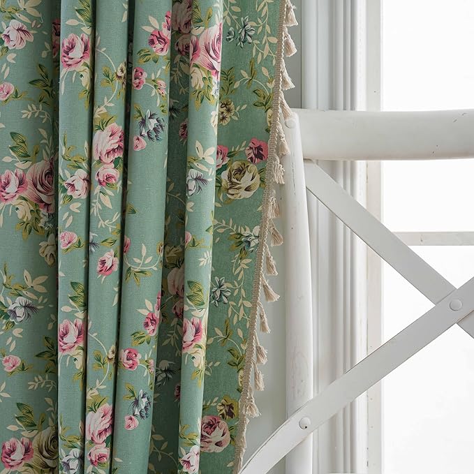 ENJOYBRIDAL Floral 84 Inch Curtains for Living Room Green Drapes Bedroom Semi Sheer Rod Pocket Floor Length Window Curtains 2 Panel Sets Boho Farmhouse Vintage Light Filtering Window Treatments
