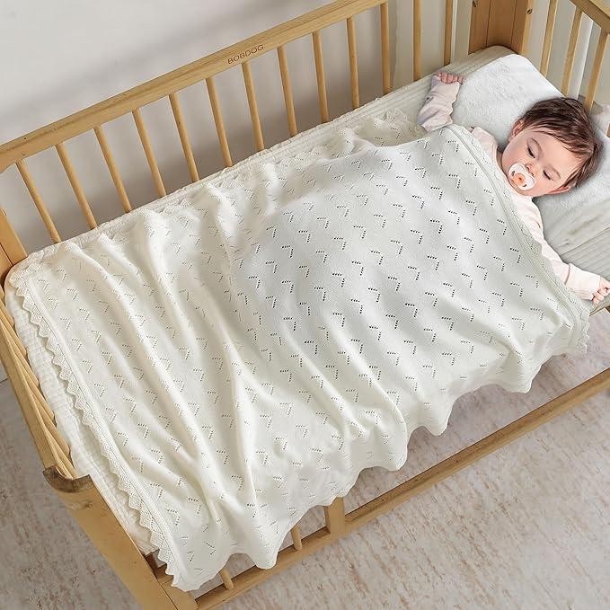 Baby Blanket 100% Cotton Knit Swaddle Soft Newborn Receiving Blanket Cozy for Boy/Girl Crib,Stroller White 40x30in