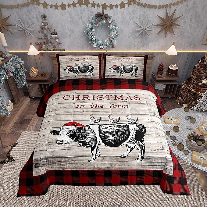 Castle Fairy Cartoon Cow Chicken Bed Comforter Set Queen Size,Vintage Wooden Plank Red Grids Super Soft Microfiber Bedding Set for Adults Men,Christmas Farm Decorative Comforter Set,3 Pcs