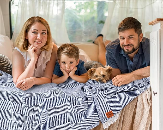 Gold Case Throw Blanket for Bed - 100% Recycled Turkish Cotton Blanket - Retro Lightweight Soft Throw Blankets for Bed & Living Room - Queen Size Cozy Blankets - 90x90 - Navy Blue