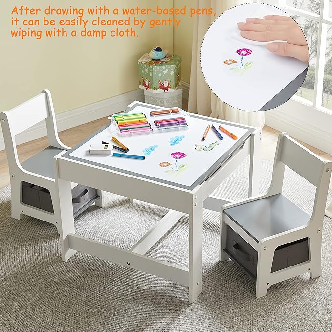 Kids Table and Chair Set, 3 in 1 Wooden Activity Table with Storage Drawer for Toddlers Drawing, Reading, Crafts, 2 in 1 Detachable Tabletop Table Set for Nursery, Playroom (Gray)