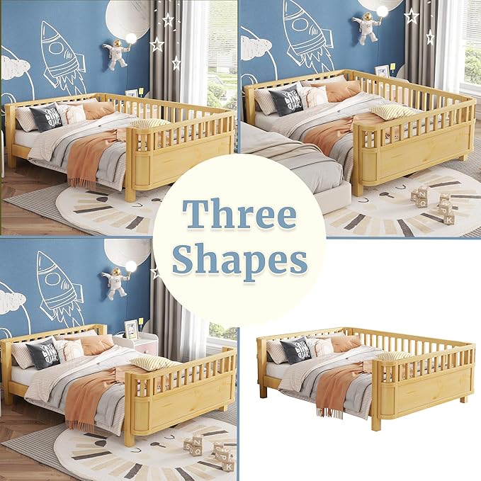 Full Kids Floor Bed Frame with Rails, Wood Low Montessori Platform Bed with Slats Support, Modern Daybed with Detachable Side Rails, Space Saving Kids Beds for Boys Girls Bedroom, Natural