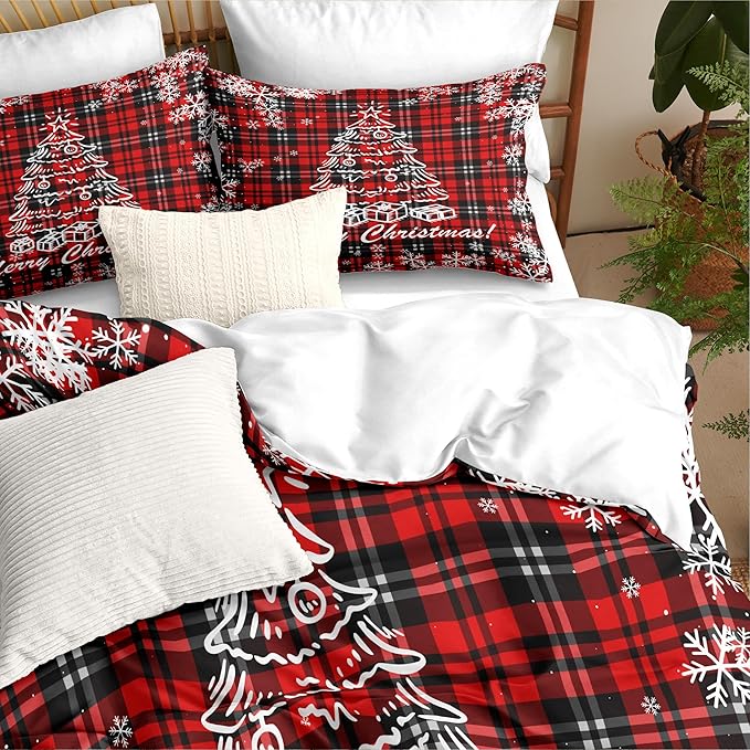 Christmas Duvet Cover Full Size Black Red Gingham Xmas Bedding Set Kids Boys Girls Christmas Tree Plaid Pattern Soft Comforter Cover 3 Pieces with Zipper Closure (No Comforter)