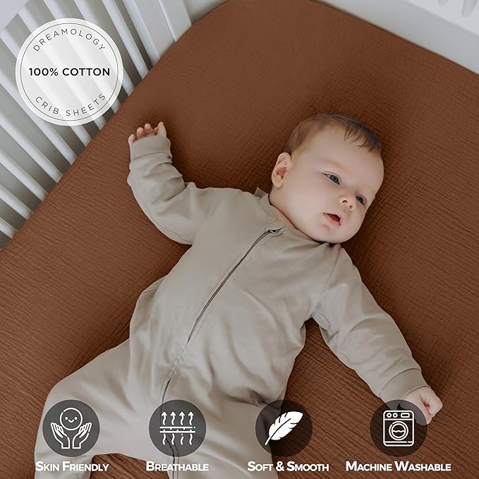 Dreamology Pack and Play Sheets,Mini Muslin Crib Sheet,2 Pack,100% Cotton Crib Sheets,Soft,Breathable,Baby Crib Sheets,Girls,Boys,Pack n Play Sheets Fitted,24x38 Mini Crib Sheet | Caramel,Ecru