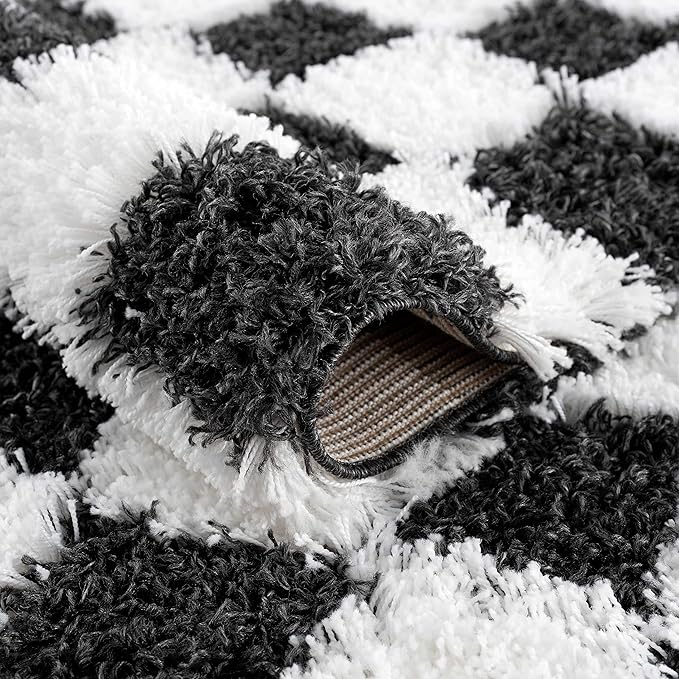 BoutiqueRugs Atira Black and White Checkered Shag Runner Rug - Modern Checkered Shag - High Pile Fluffy Shaggy Carpet for Hallway, Kids Room - White, Black - 2'7" x 7'3" (2x8)