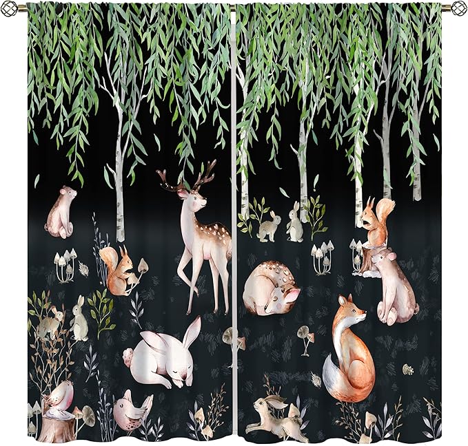 Forest Animal Curtains, Watercolor Cartoon Woodland Plants Animals Bears Moose Mushrooms Printed Curtains for Kids Boys and Girls Bedroom Window Drapes 63x63in