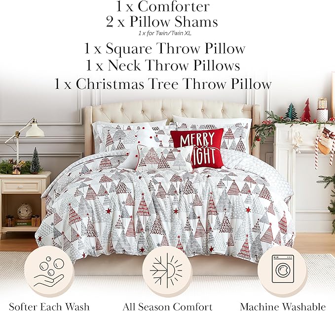 Southshore Fine Living, Inc. 5-Piece Reversible Christmas Comforter Set Twin/Extra Long, Red, Grey & White Christmas Bedding Twin, 1 Matching Sham, 3 Throw Pillows, Holiday Bedding - Merry & Bright