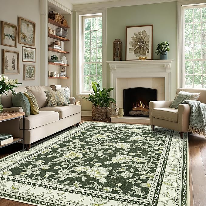 Olive Green Floral Print Area Rugs for Bedroom Living Room Boho Farmhouse Country Rustic Dining Room Carpet Soft Washable Rugs Non Slip Floor Covering for Nursery Playroom 5x8