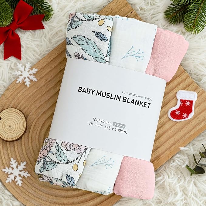 Muslin Swaddle Blankets for Newborn, 3 Pack Breathable Soft Receiving Blanket, Large 38 x 40 inches Swaddle Wrap Burping Clothes, Essentials Infant Shower Items, Toddler Gift (Cute Flower, 3 Pack)