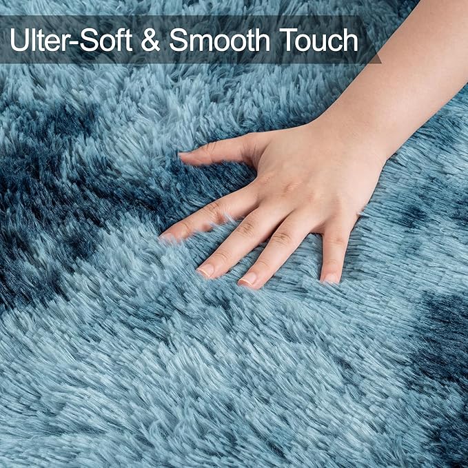 2x8 ft Plush High Pile Blue Tie-Dyed Rug Fluffy Soft Runner Bedside Rug for Bedroom Living Room Hallway Nursery Kids Home Decor Shag Carpet