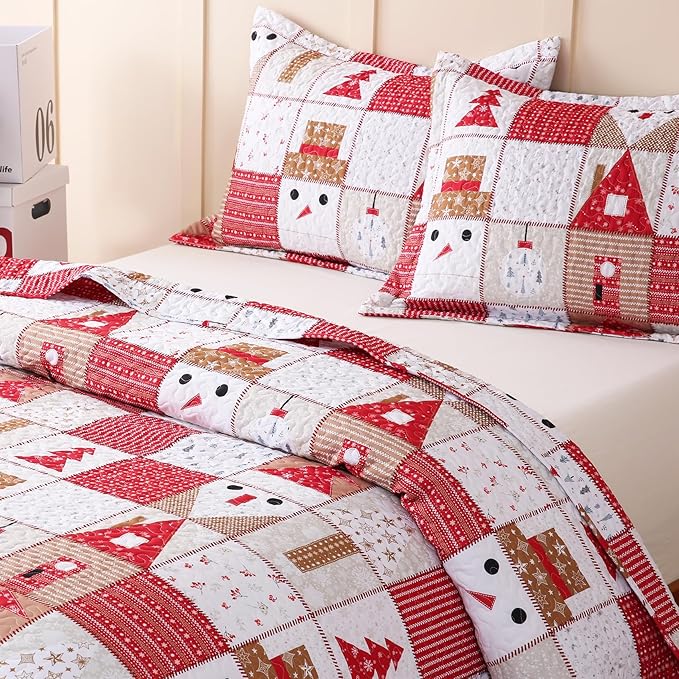 JSD 2 Pcs Kids Christmas Quilt Set Twin Size, Patchwork Christmas Bedding, Soft Microfiber Bedspread Coverlet Holiday Quilted Blanket