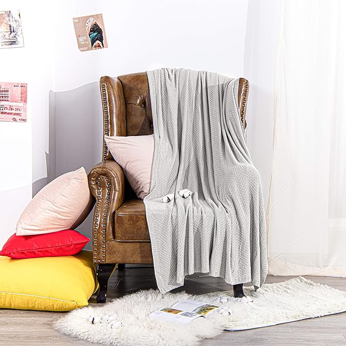NTBAY Cable Knit Cooling Bed Blanket, Soft and Breathable Oversized Twin Bed Blanket 60x80 Inches Made from Rayon Derived from Bamboo for Bedroom, Travel, Silver Grey