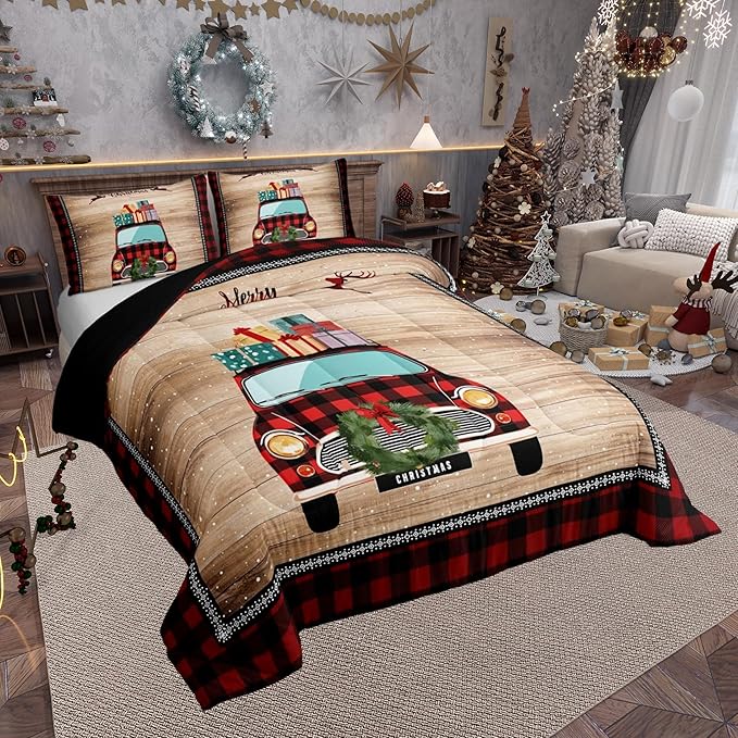 Castle Fairy Christmas Plaid Truck Bedding Set for Boys Girls,Snowflake Deer Red Plaid All Season Cozy Comforter Set Full Size,Rustic Farmhouse Brown Wooden Duvet Set Bedroom Decor,Festival Gifts