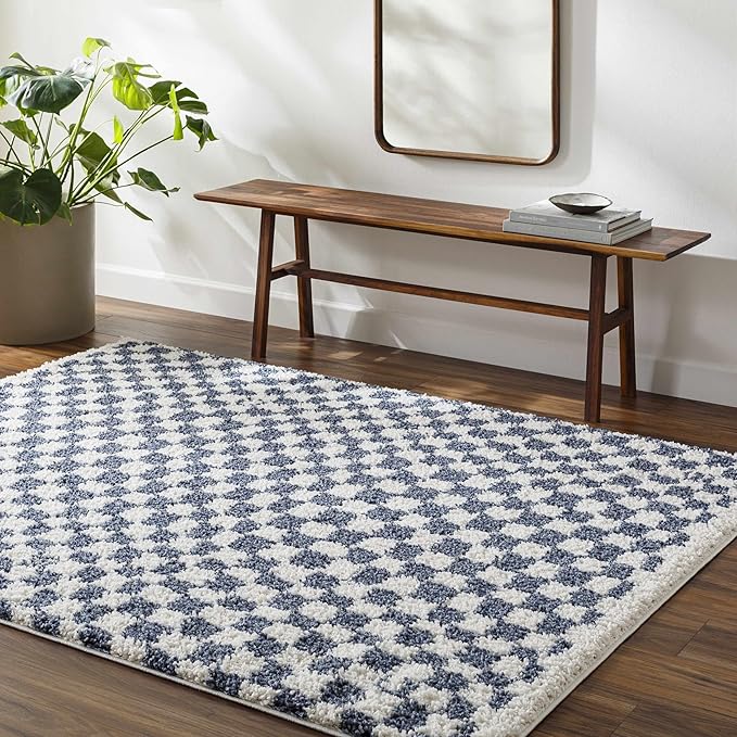 Hauteloom Kieu Contemporary Checkered Fluffy Shag Area Rug - Modern Geometric Soft Carpet Tiles for Living Room, Kids Room, Nursery - Blue, White - 7'10" x 10'