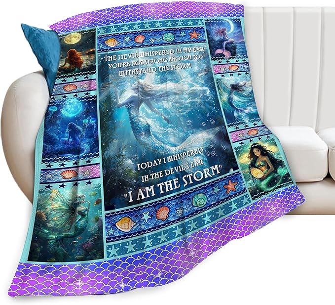 Mermaid Blanket for Girls Blue Ocean Throw Blankets Soft Cozy Warm Fuzzy Fleece Marine Life Shells Bedding Flannel Throws Stuffed Animal Gifts for Mermaid Lovers Kids Men Women Bedroom Decor 50"x40"