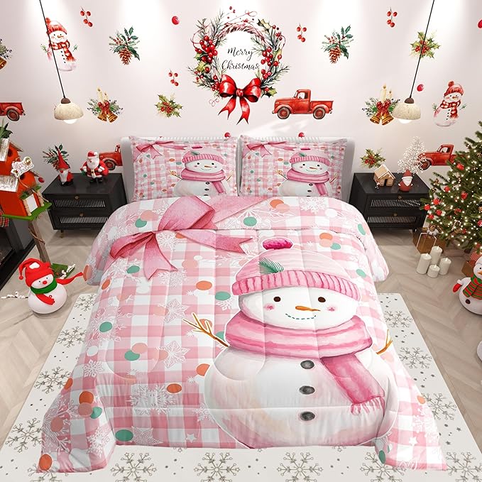 Castle Fairy Cute Cartoon Snowman Comforter Set,Pink Bow Girly Style Bedding Set Kids Teens Modern Decor,Pink White Geometric Grid Dots Comforter with 1 Pillowcase for All Seasons,Twin