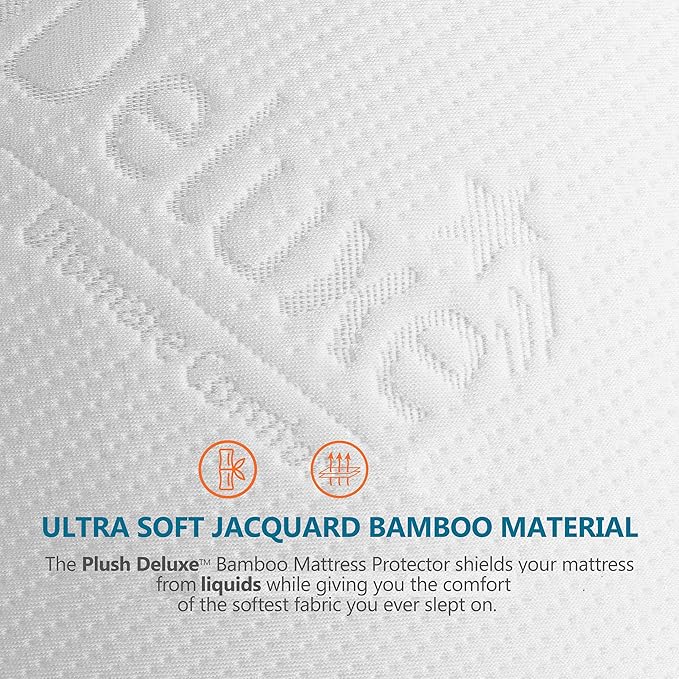 PlushDeluxe Premium Bamboo Mattress Protector – Queen Size, Waterproof, & Ultra Soft Breathable Noiseless Washable Bed Mattress Cover for Comfort & Protection - White