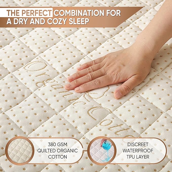 Luxury Quilted Organic Cotton Mattress Protector Queen - 380 GSM Waterproof & Breathable Pad - Deep Pocket Fitted Cover - Soft & Silent Protection