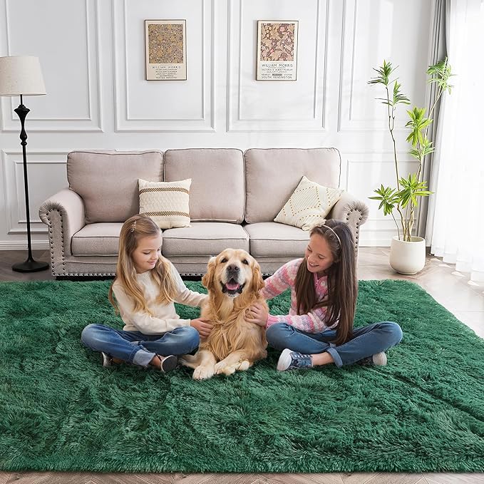 Fluffy Rug Washable 5x7 Feet, Emerald Green Nursery Rug for Baby Girl Play Room Cute Large Rugs for Living Room