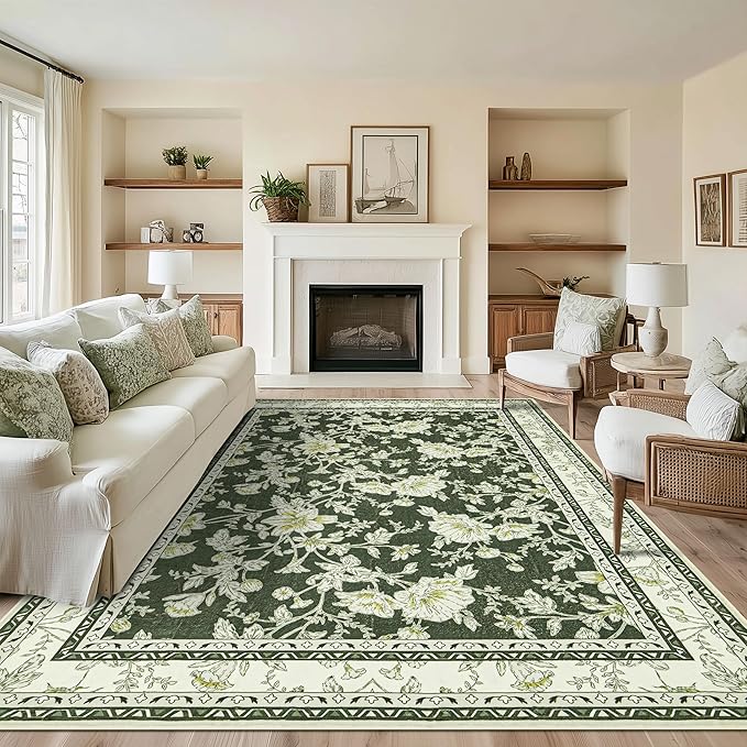 Olive Green Floral Print Area Rugs for Bedroom Living Room Boho Farmhouse Country Rustic Dining Room Carpet Soft Washable Rugs Non Slip Floor Covering for Nursery Playroom 9x12
