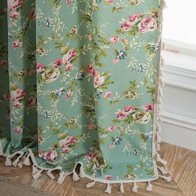 ENJOYBRIDAL Floral 63 Inch Curtains for Living Room Green Drapes Bedroom Semi Sheer Rod Pocket Short Window Curtains 2 Panel Sets Boho Farmhouse Vintage Light Filtering Window Treatments