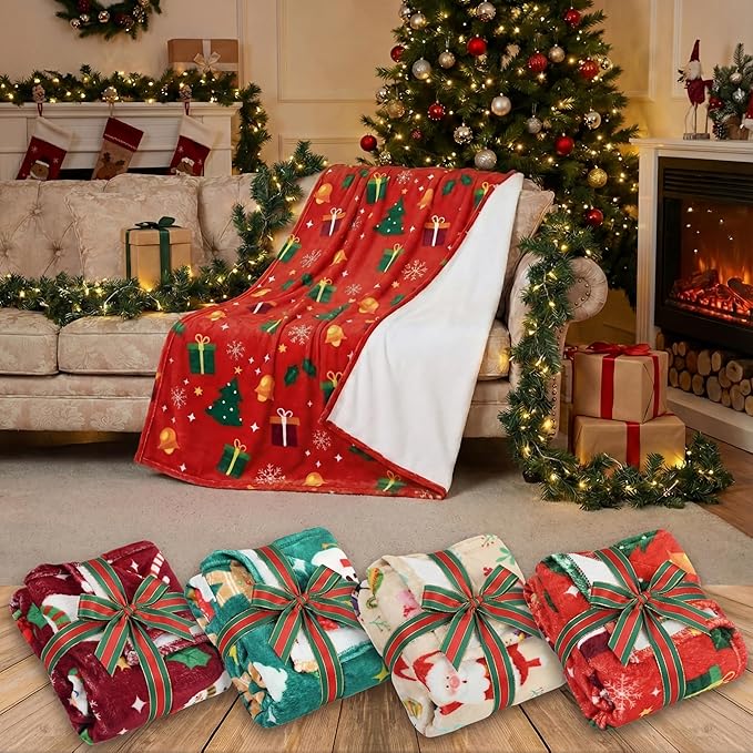 Buryeah 4 Pack Queen Size Christmas Throw Blankets Bulk for Bed Sofa Couch Snowman Gifts Santa Gingerbread Xmas Tree Soft Cozy Christmas Plush Flannel Blanket Home Decor Xmas Supplies, 60 x 80 Inches