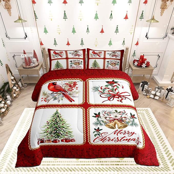 Christmas Plaid Full Size Comforter Set,Berries Cardinals Xmas Pine Print Bedding Comforters Bedroom Collection,Floral Bells Red Lace Patchwork Bedding Set for Girls Teens