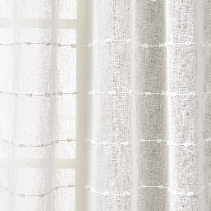 Lush Decor Farmhouse Textured Grommet Sheer Window Curtain Panel Pair, 38"W x 95"L, White