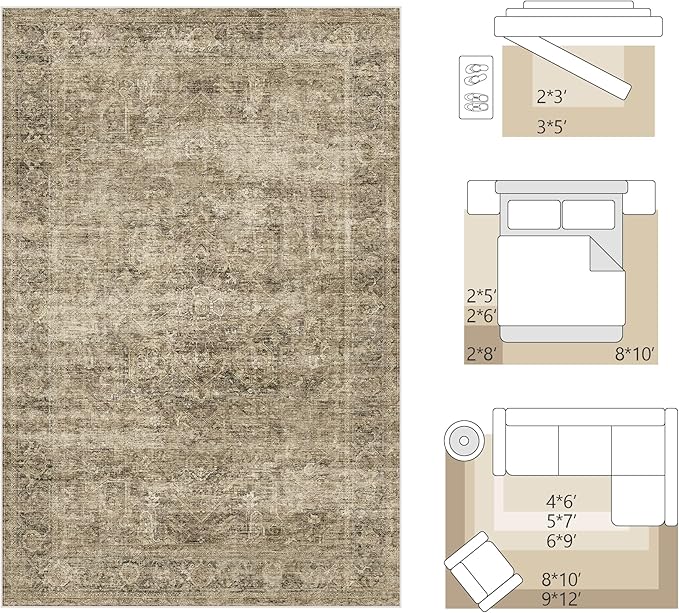 Fmfunctex 8x10 Washable Area Rug Brown Vintage Neutral Distressed Oriental Large Non Slip Carpet for Living Room Bedroom Soft Low Pile Indoor Mat Retro Throw Rug for Dining Room Kitchen Office Nursery