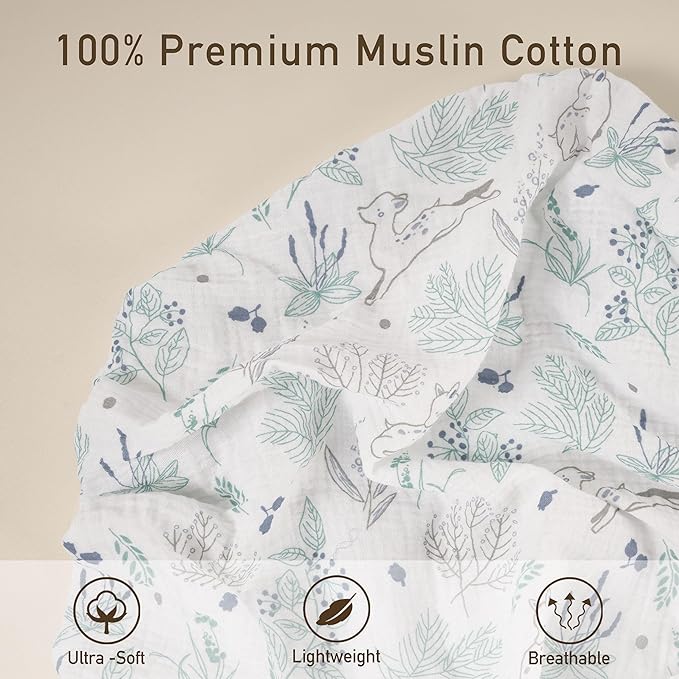 Muslin Mini Crib Sheets, 2 Pack for Baby Boy and Girl, Soft Breathable Stretchy Baby Pack N Play Mattress and Mini Cribs Sheet, Universal Fitted Portable/Mini Crib Mattresses (Blue Deer)
