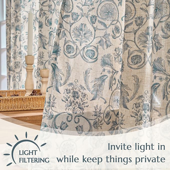 jinchan Linen Floral Curtains for Living Room with Printed Flower 84 Inches Long Light Filtering Farmhouse Window Treatment Vintage Drapes Back Tab Rod Pocket 2 Panels Blue on Beige