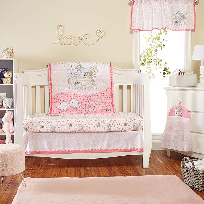 EVERYDAY KIDS Precious Moments Noah’s Ark 4 Pc Crib Bedding for Girls Nursery Set Includes Baby Bed Quilt, Fitted Sheet, Dust Ruffle and Diaper Stacker with Sweet Images of Elephants and Giraffes