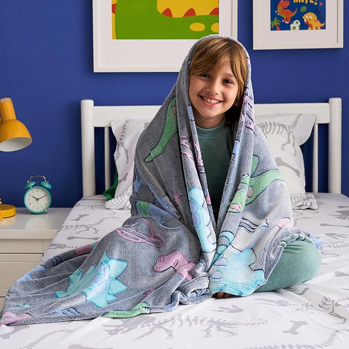 Joiedomi Glow in The Dark Blanket Dinosaur Toys for Kids 3-5 Dinosaur Gifts Toys for Age 2 3 4 5 6 7 8 9 10 11 12 Year Old, Soft Cozy Flannel Kids Throw Blanket, Birthday 50"×60"