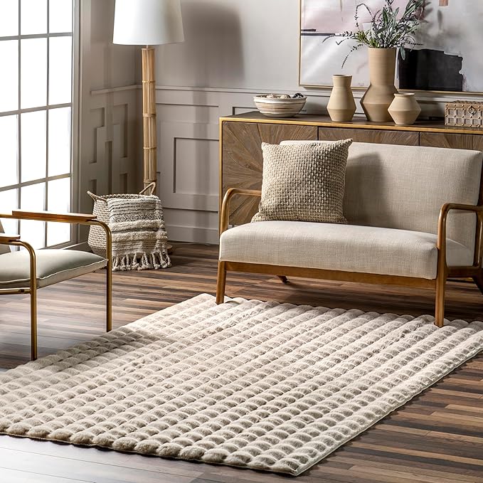 nuLOOM Jeni Beige, 2' x 3', Solid Faux Rabbit, Fluffy and Cozy, High Traffic, Stain Resistant, Easy Clean, Durable Washable Area Rug for Bedroom, Living Room, Dining, Den, Foyer, Entryway