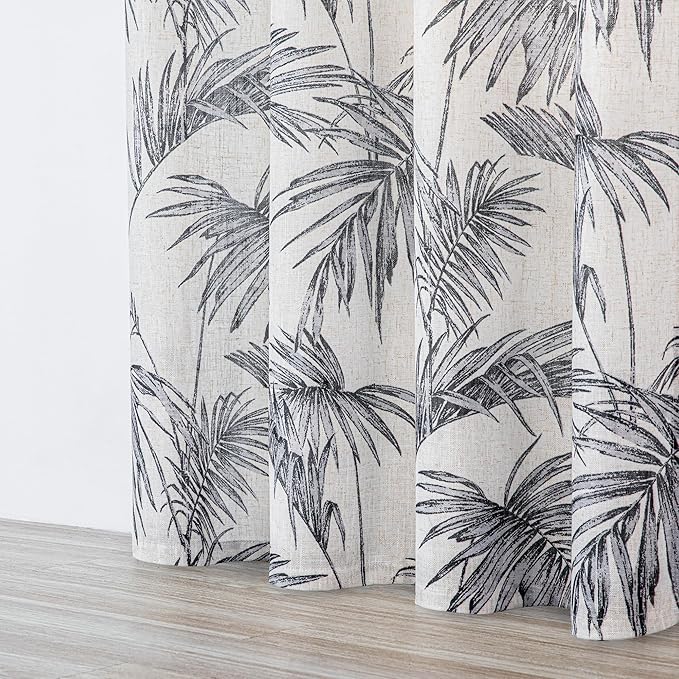 MYSKY HOME Linen Curtains for Living Room Plant Leaf Patterned Semi Sheer Vertical Drapes Decor Hawaiian Style Texture for Dining Room Light Soften Privacy, Grey, W52 x L84, Pack-2