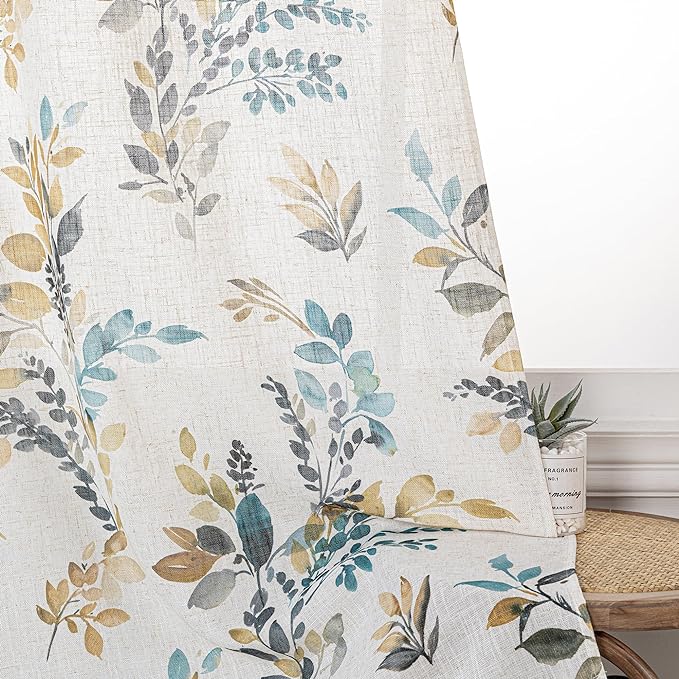 MYSKY HOME Bedroom Linen Look Semi Sheer Floral Curtains 63 inch Length 2 Panels for Kitchen Small Window Kids Room Decor Leaves Pattern Light Soften Privacy Drapes, Yellow and Blue, 2Pcs