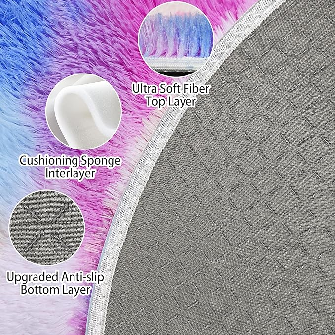 Fluffy 8 ft Large Round Pink Rainbow Area Rugs for Girls Bedroom, Colorful Soft Shaggy Circular Rug Plush Fluffy Big Carpet Fuzzy for Nursery Baby Room Playroom Cute Dorm Iving Room Home Decor