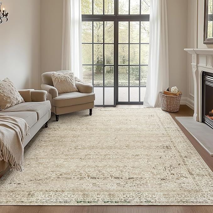 Cream and Light Tan Rug for Bedroom Neutral Boho Farmhouse Floral Washable Soft Faux Wool No Slip Area Rugs for Living Room Home Office,5x8