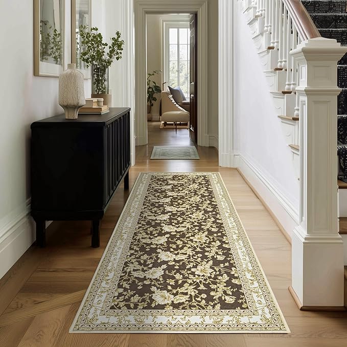 Brown Floral Runner Rug 2x6 for Hallways, Non-Slip Washable Kitchen Runner, Vintage Boho Farmhouse Print Printed Rug Floor Carpet for Bathroom Laundry Bedroom Entryway