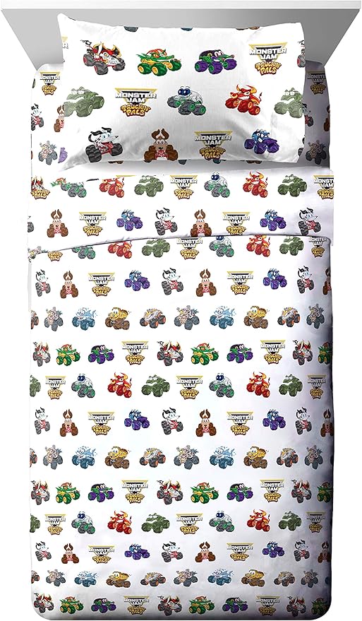 Jay Franco Monster Jam Truckin' Pals 4 Piece Toddler Bed Set - Includes Comforter & Sheet Set - Bedding Features Grave Digger & Megalodon - Super Soft Fade Resistant Microfiber