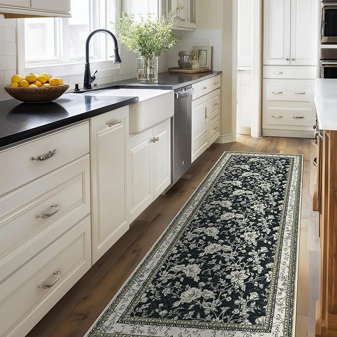 Black Runner Rugs 2x6 for Hallway Kitchen Bedroom Beside Laundry Room Bathroom Rug Boho Modern Washable Non Slip Low Pile Stain Resistant Soft Long Carpet Mat Black Cream Beige Taupe Floral Pattern
