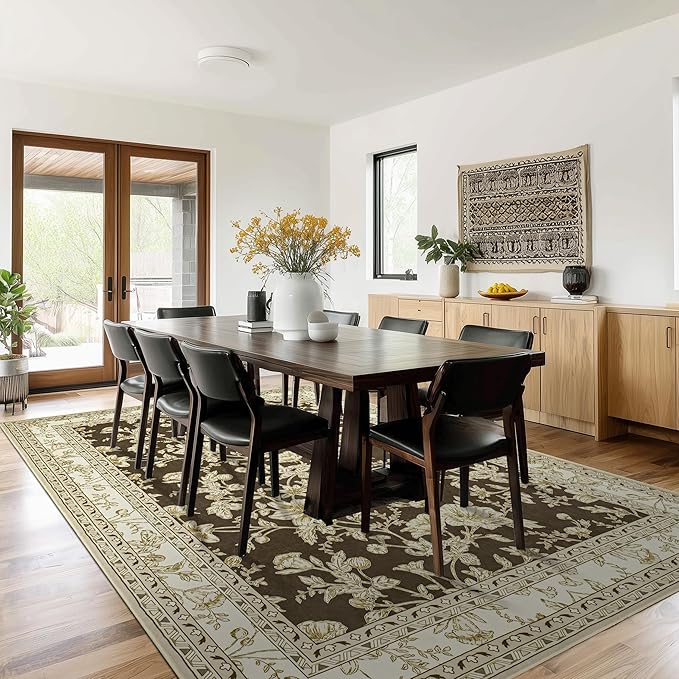 Brown Floral Print Area Rugs for Bedroom Living Room Boho Farmhouse Country Rustic Dining Room Carpet Soft Washable Rugs Non Slip Floor Covering for Nursery Playroom 9x12
