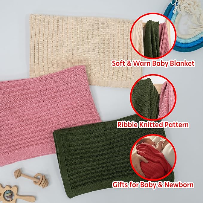 Baby Knit Blanket, 100% Cotton Ribble Patterns, Soft, Cozy, Lightweight Swaddle for Newborn & Infant Swaddling Beige Neutral, Perfect Baby Shower Ideas Red 30x30