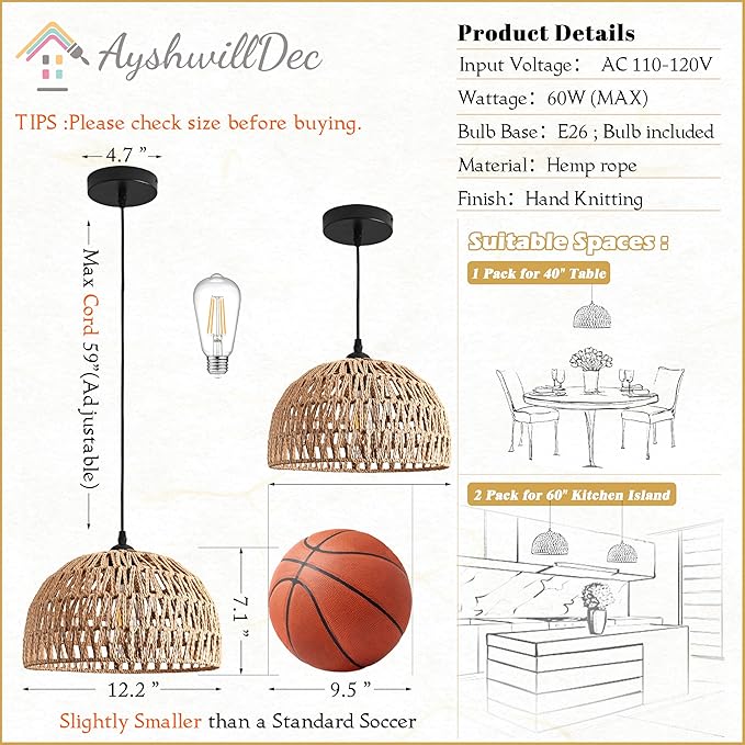 Hemp Rope Woven Pendant Light Woven Light Fixture Boho Chandelier Light Fixture Wicker Pendant Lights Rattan Lights Pendant Dome Wicker Chandelier for Dining Room Kitchen Island(Bulb Incl.
