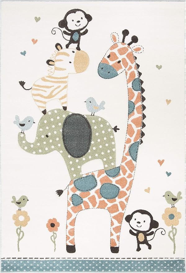 SAFAVIEH Carousel Kids Collection Accent Rug - 4' x 6', Ivory, Animal Design, Non-Shedding & Easy Care, Ideal for High Traffic Areas for Boys & Girls in Playroom, Nursery, Bedroom (CRK120A)