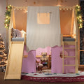 Playhouse Design Full Size Loft Bed with Slide & Tent, Solid Wood Tent Bed Frame for Kids Boys Girls, Versatile Spacious Under Bed Space, Chic Design with Lights (Natural+Pink-Full)