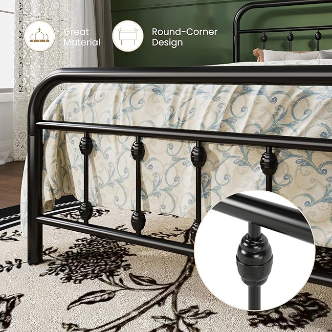 SHA CERLIN King Size Metal Platform Bed Frame with Victorian Style Iron-Art Headboard and Footboard, Easy Assembly, Under Bed Storage, No Box Spring Required, Black