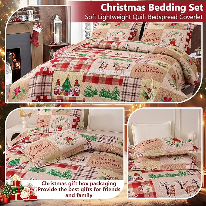 Christmas Bedding Set King Christmas Quilt Bedspread,Gnome Santa Claus Plaid Patchwork Xmas Quilt Set Bedding Holiday Christmas Quilts Decor Gift Elk Pattern Lightweight Reversible Bedspread Coverlet