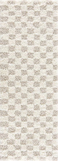 BoutiqueRugs Atira Modern Checkered Shag Runner Rug - High Pile Fluffy Shaggy Carpet for Hallway, Kitchen, Nursery, Playroom - Beige, Cream, White - 2'7" x 10' (2x10)